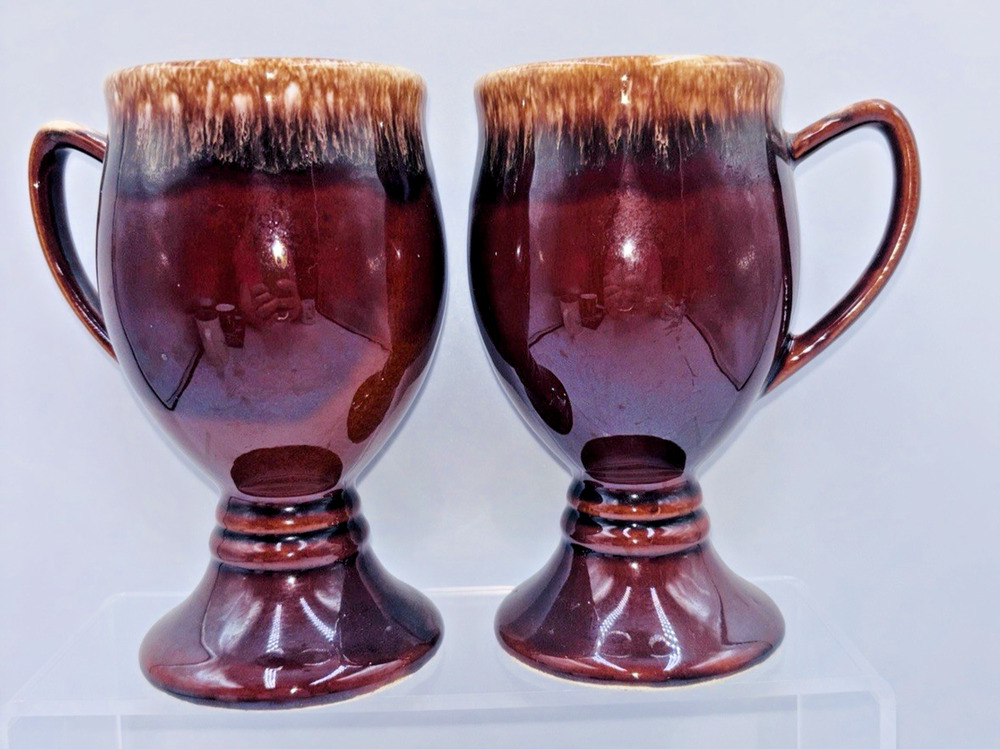 Lot of2 Vtg HULL USA Brown Drip Glaze Irish Coffee Mug Pottery Pedestal Goblet